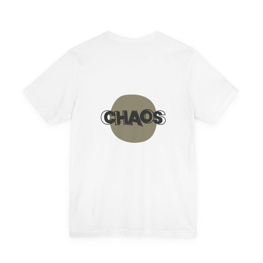 White t-shirt with 'CHAOS' graphic on the back by Fibrio