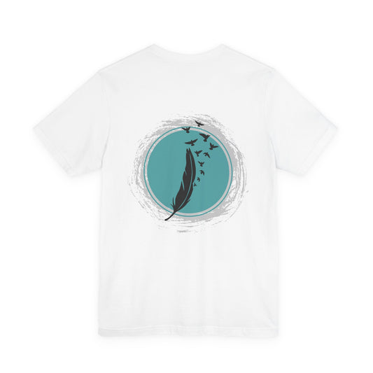 White t-shirt with a teal circular design featuring a feather and birds for women by Fibrio