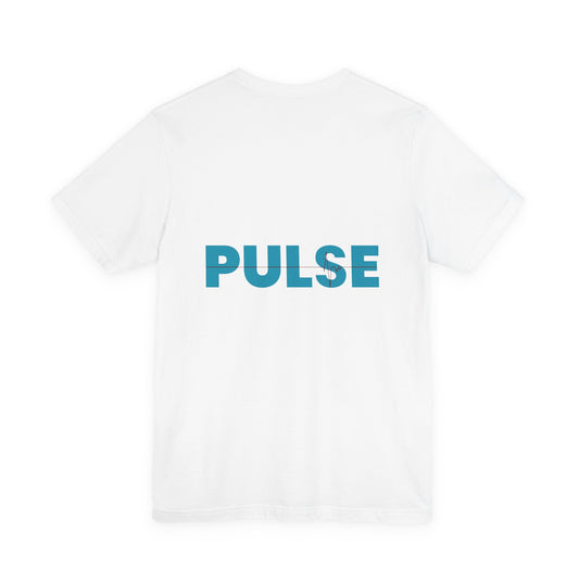 White t-shirt with 'PULSE' printed in blue for men by Fibrio