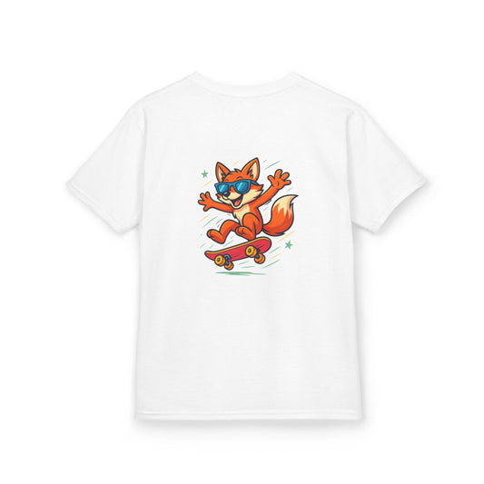White t-shirt with a cartoon fox on a skateboard graphic Fibrio