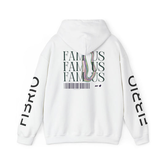 "Fibrio Famous Graphic Hoodie back view – durable cotton blend hoodie featuring premium screen print and relaxed streetwear style."