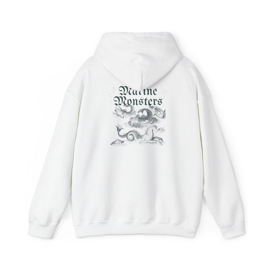"FIBRIO Marine Monsters Hoodie back design in white – unisex cotton blend hoodie with durable marine monsters graphic and relaxed oversized fit."