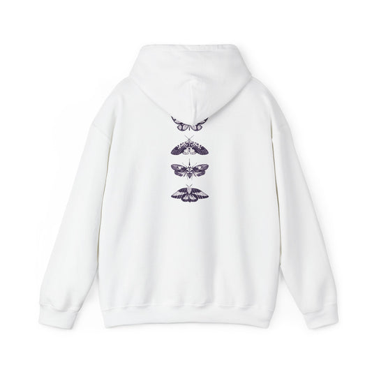"FIBRIO Mystic Moth Graphic Hoodie back view in white – trendy streetwear hoodie with artistic moth design, soft cotton blend, and cozy relaxed style."