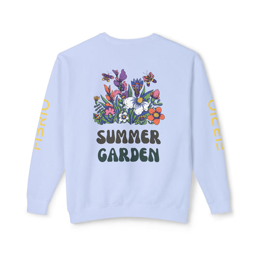 "FIBRIO Summer Garden Graphic Sweatshirt back in sky blue – breathable cotton blend sweatshirt with detailed floral garden print for casual streetwear style."