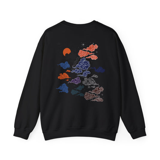 "FIBRIO Cloud Horizon Sweatshirt back in black – stylish streetwear sweatshirt with artistic cloud and sun graphic inspired by Eastern aesthetics."