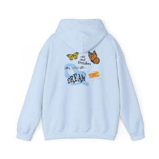 Light blue hoodie with butterfly designs and text on the back against a white background