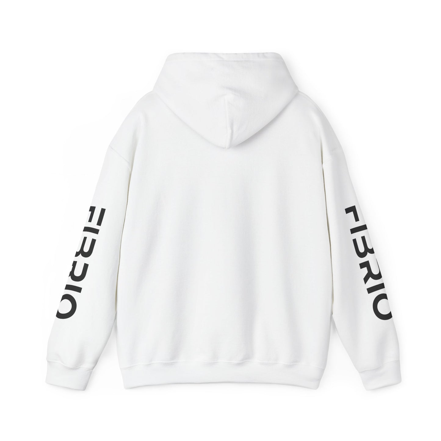 White hoodie with 'FIBRIO' branding on the sleeves against a white background