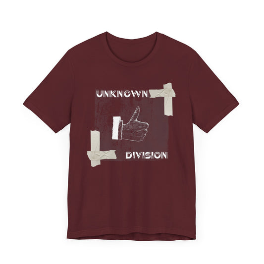 Maroon men’s Unknown Division t-shirt with vintage thumbs-up graphic on front – streetwear tee