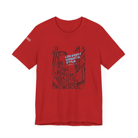 Red men’s Live Every Moment t-shirt with black-and-white cityscape and bold blue inspirational text on front – graphic tee by FIBRIO