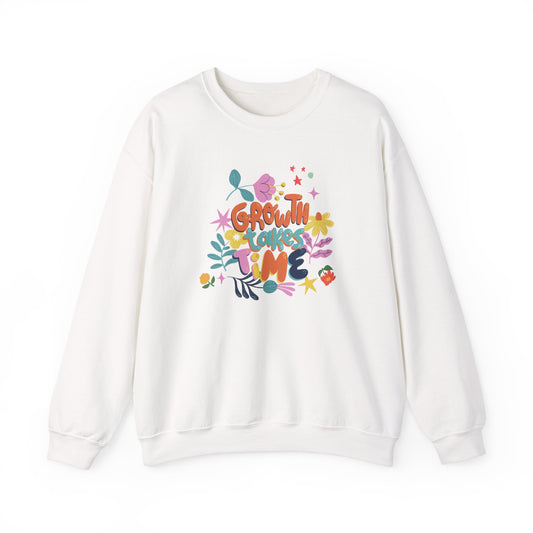 "FIBRIO Growth Takes Time Signature Sweatshirt front in white – stylish relaxed-fit sweatshirt with motivational Growth Takes Time graphic and floral cosmic art."