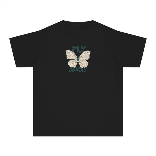 Girls’ black casual t-shirt with Fly Away text and butterfly graphic – playful kids’ tee by Fibrio