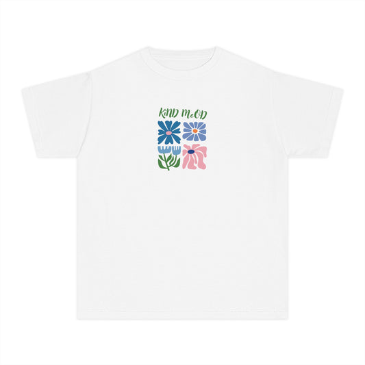 Girls’ white casual t-shirt with Kind Mood text and vibrant floral artwork – cheerful kids’ tee by Fibrio