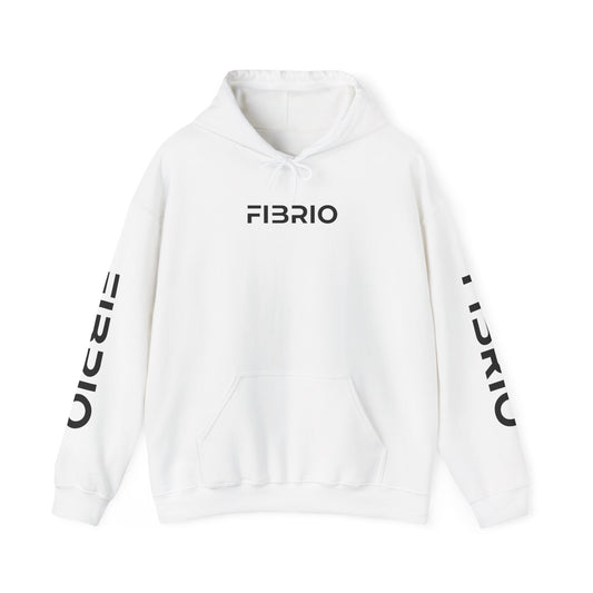 White hoodie with 'FIBRIO' branding on a white background