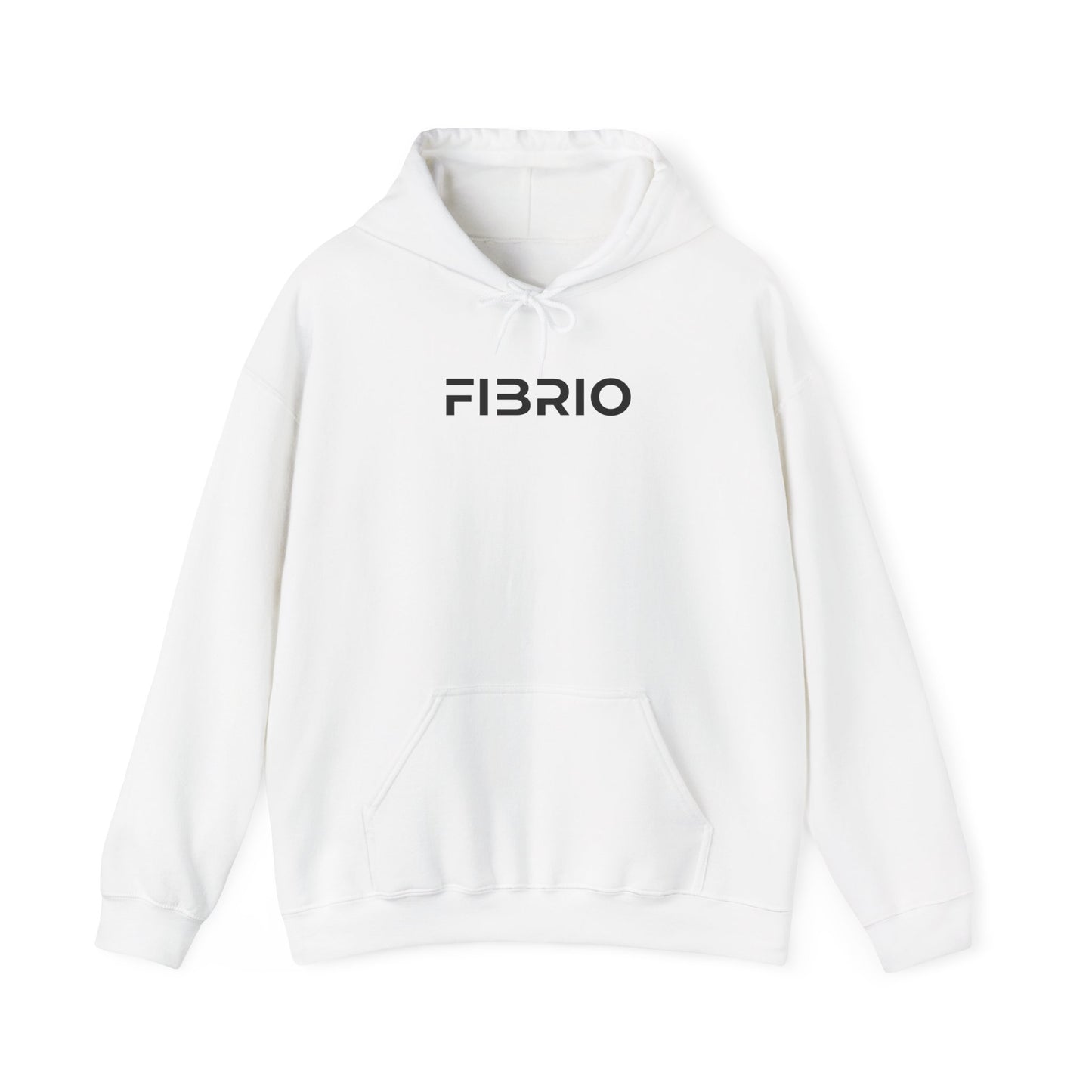 White hoodie with 'FIBRIO' logo on a white background