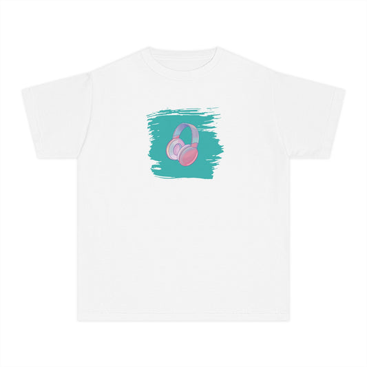 Girls’ white casual t-shirt with colorful headphones graphic – music kids’ tee by Fibrio
