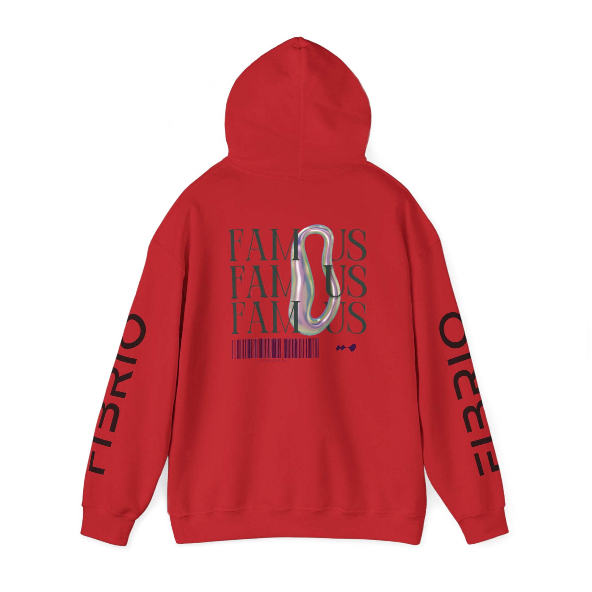 "Fibrio Famous Graphic Hoodie back view – durable cotton blend hoodie featuring premium screen print and relaxed streetwear style."