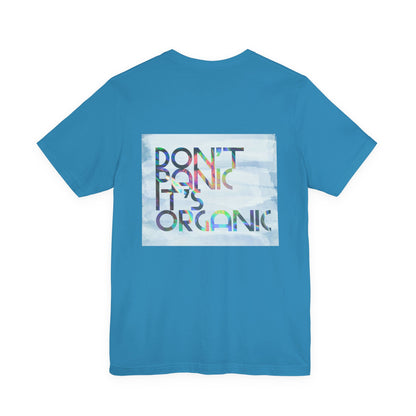 Blue t-shirt with a colorful graphic and text on the back against a white background by Fibrio