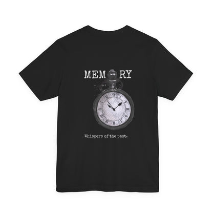 Black t-shirt with a pocket watch graphic and text by Fibrio