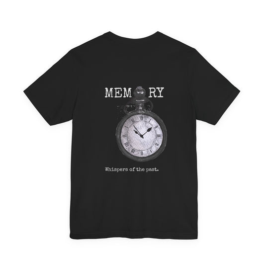 Black t-shirt with a pocket watch graphic and text by Fibrio