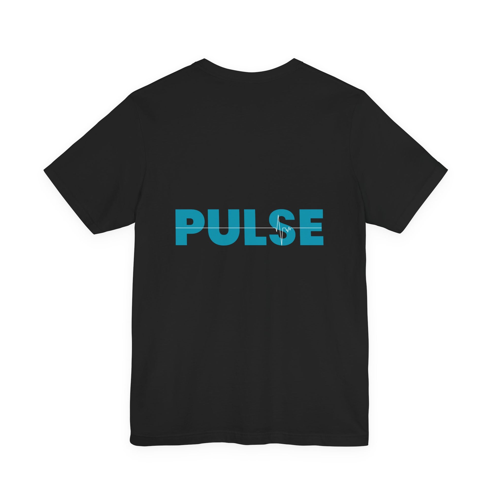 Black t-shirt with 'PULSE' printed in blue for men by Fibrio