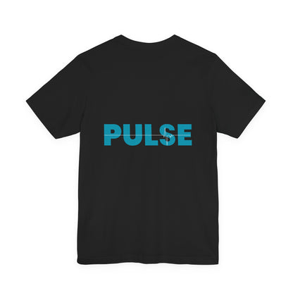 Black t-shirt with 'PULSE' printed in blue for men by Fibrio