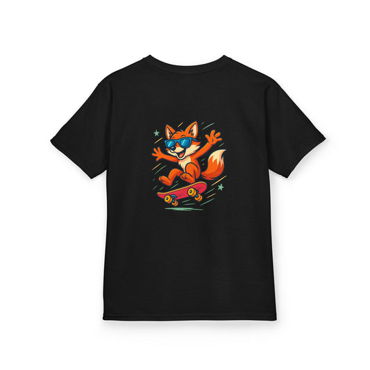 Black t-shirt with a colorful fox graphic on a skateboard Fibrio