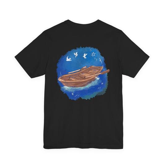 Black t-shirt with a wooden boat graphic by Fibrio