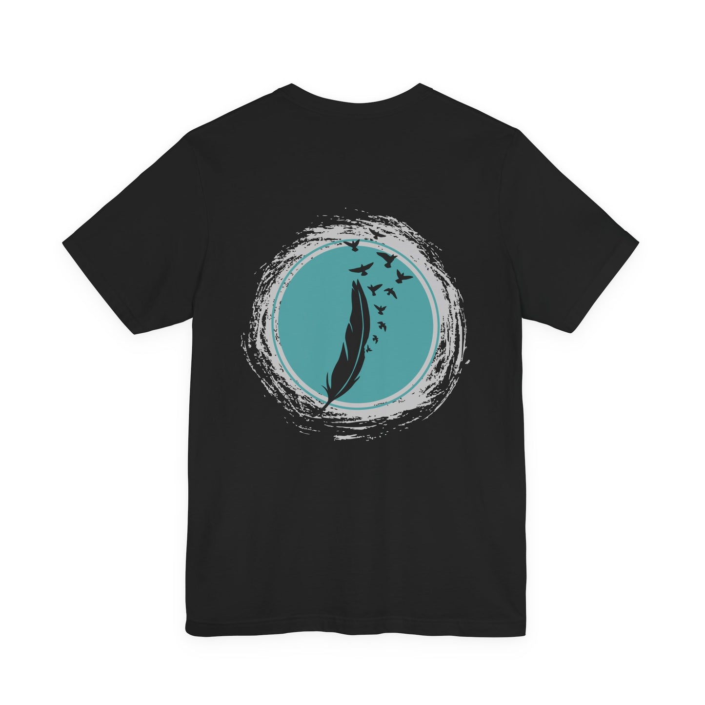 Black t-shirt with a circular design featuring a feather and birds for women by Fibrio