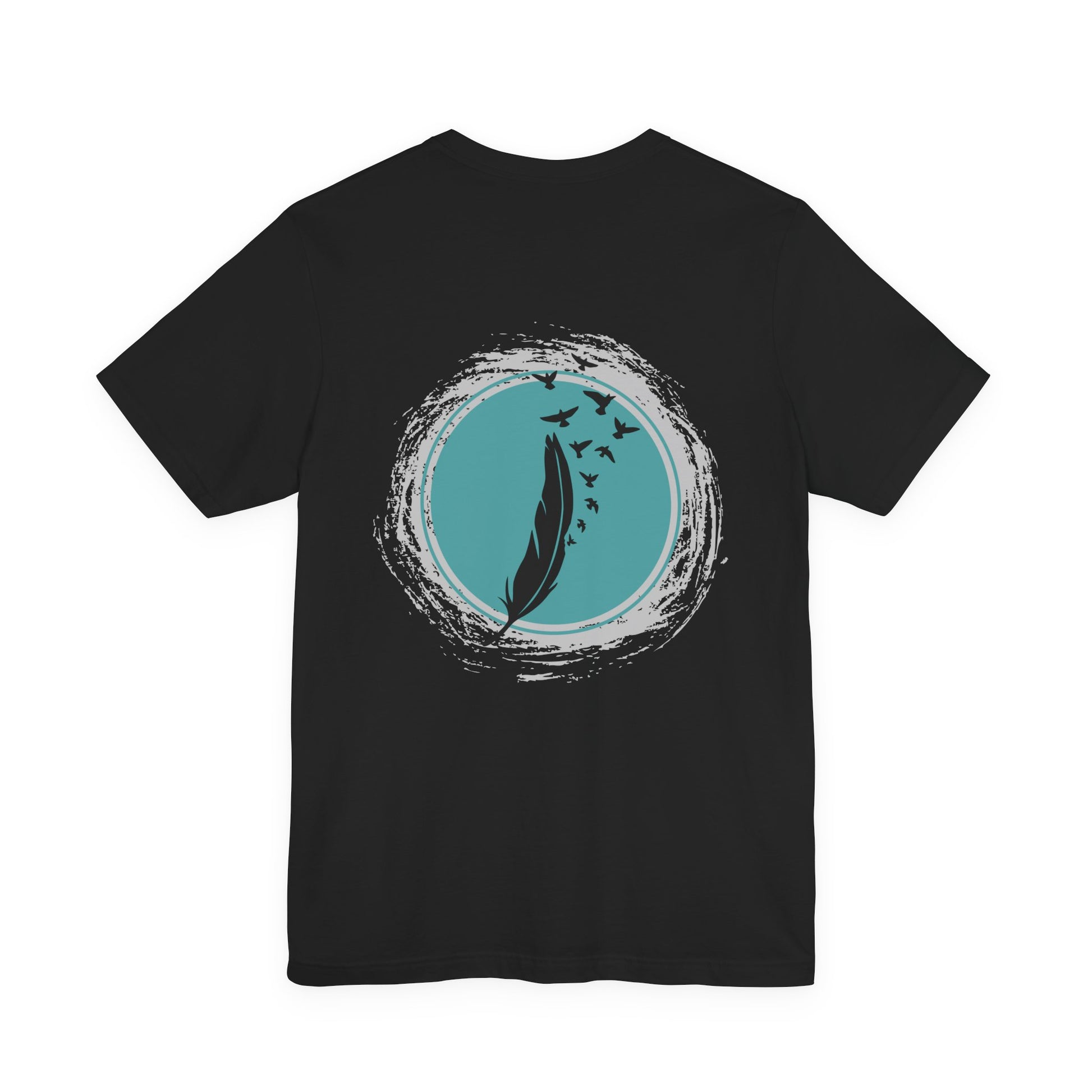 Black t-shirt with a circular design featuring a feather and birds for women by Fibrio