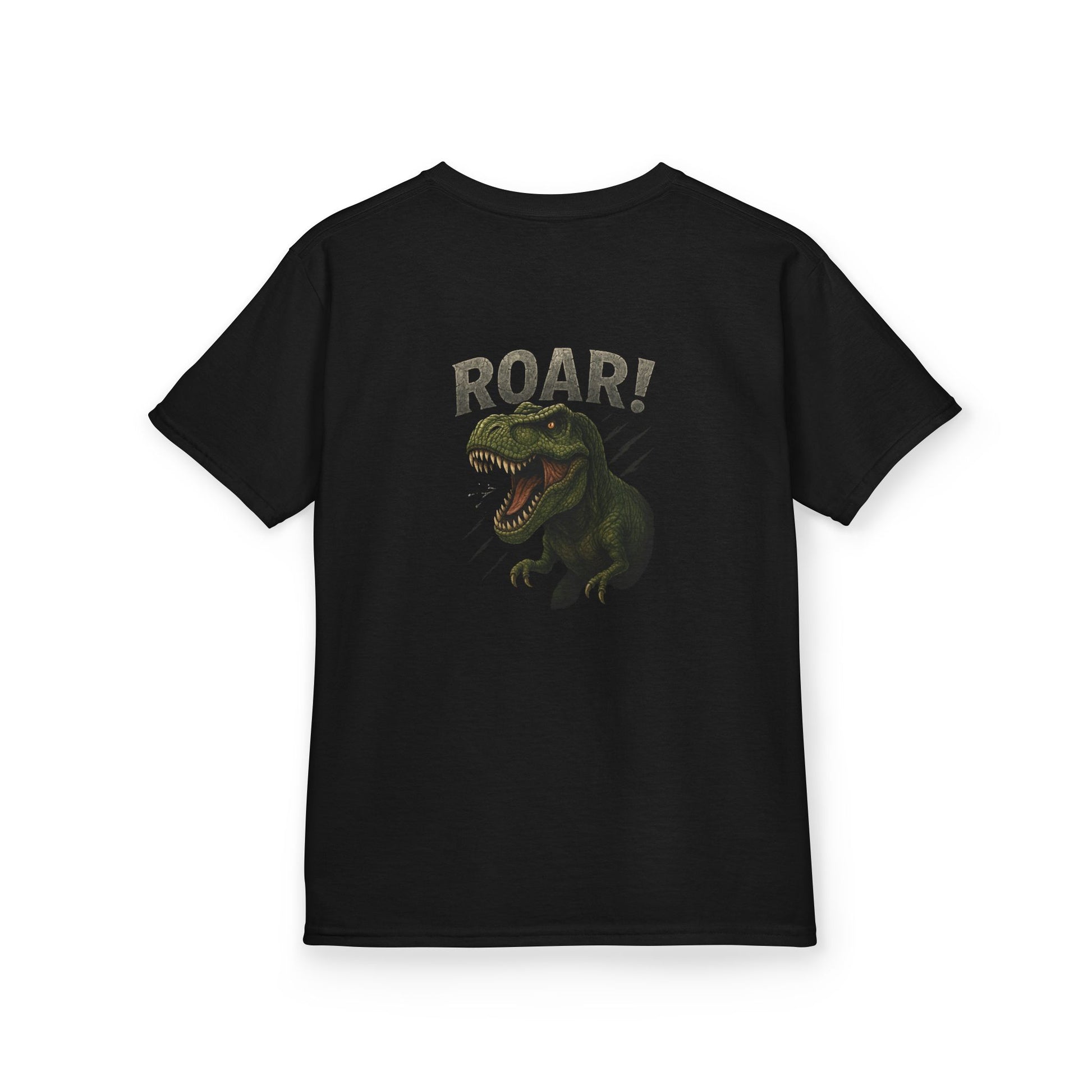 Black t-shirt with a dinosaur graphic and 'ROAR!' text on a white background