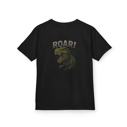 Black t-shirt with a dinosaur graphic and 'ROAR!' text on a white background