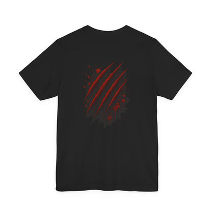 Black t-shirt with red graphic design for men by Fibrio