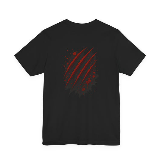 Black t-shirt with red graphic design for men by Fibrio