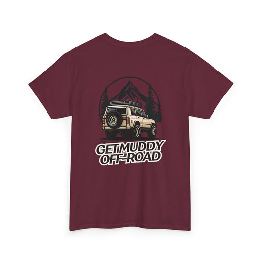 Men’s maroon FIBRIO “Get Muddy Off-Road” graphic t-shirt with rugged Jeep print and bold lettering on back.