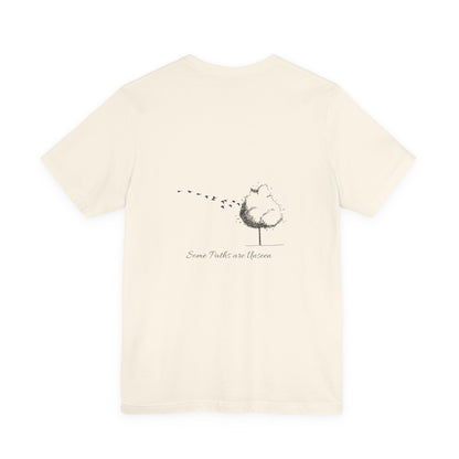 Beige t-shirt with a graphic design and text by Fibrio