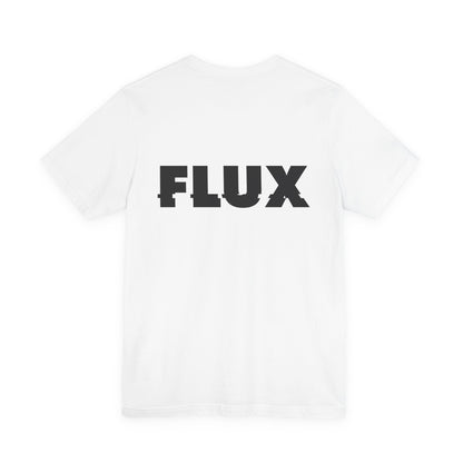 White t-shirt with 'FLUX' printed on the back for men by Fibrio