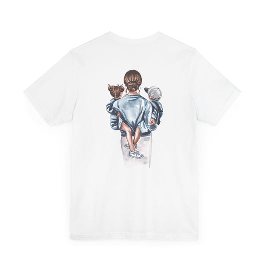 White women’s Super Mom t-shirt with mom holding children back graphic – empowering family tee