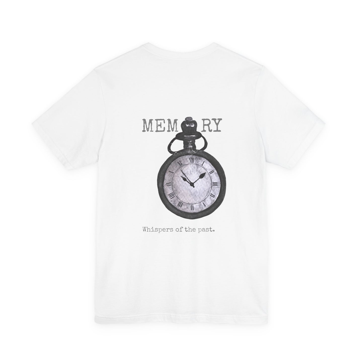 White t-shirt with a pocket watch graphic and text by Fibrio