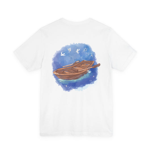 White t-shirt with a boat graphic by Fibrio