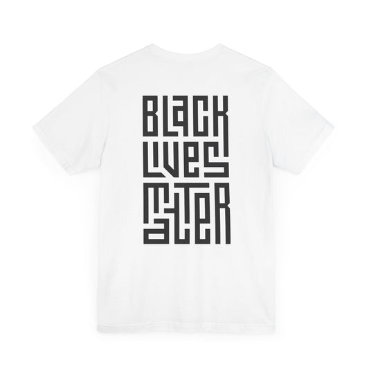White men’s Black Lives Matter t-shirt with FIBRIO logo on chest – statement graphic tee