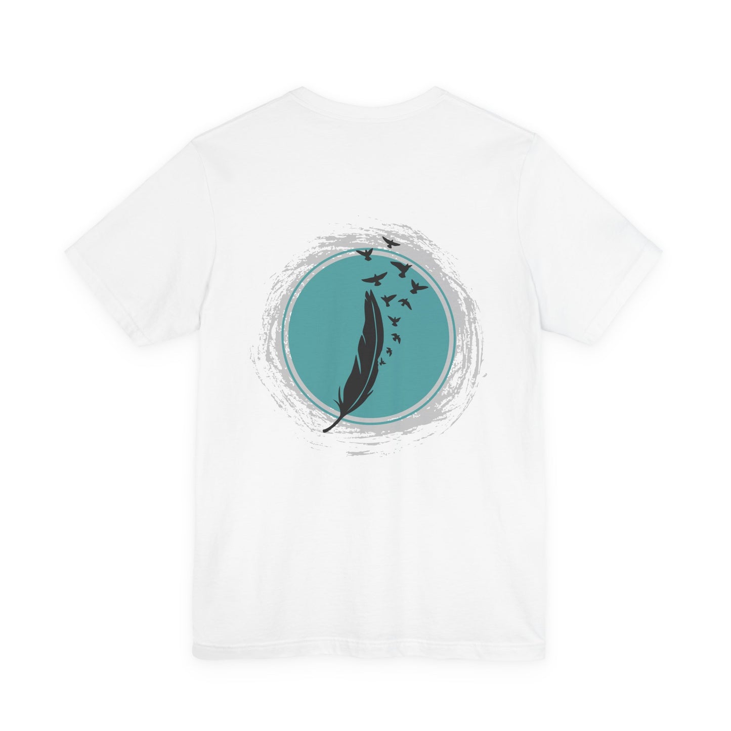 White t-shirt with a teal circular design featuring a feather and birds for women by Fibrio