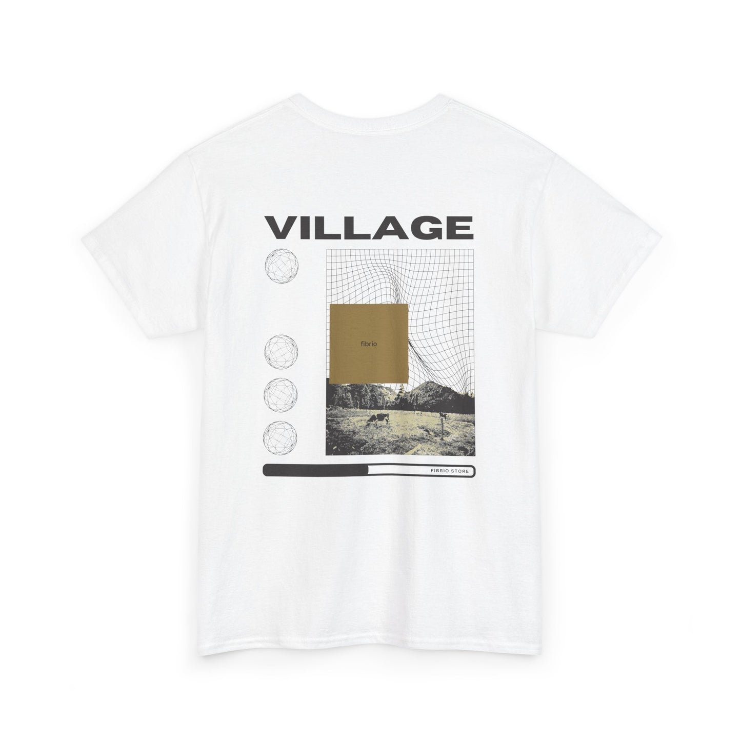 Men's Village Vibes T-Shirt by FIBRIO in white, back view featuring bold "Village" text with scenic village imagery.