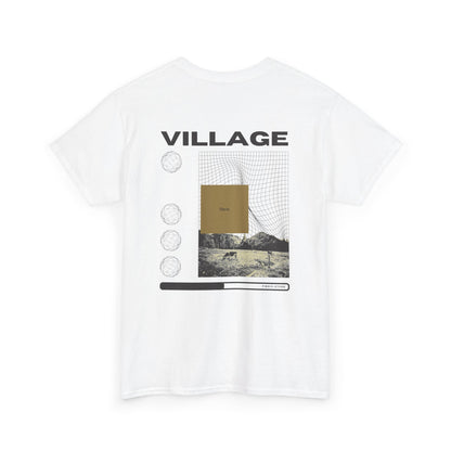 Men's Village Vibes T-Shirt by FIBRIO in white, back view featuring bold "Village" text with scenic village imagery.