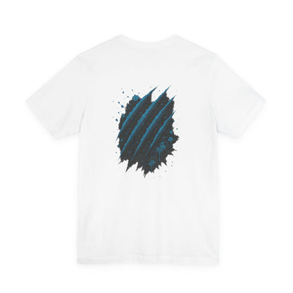 White t-shirt with a black and blue abstract design for men by Fibrio
