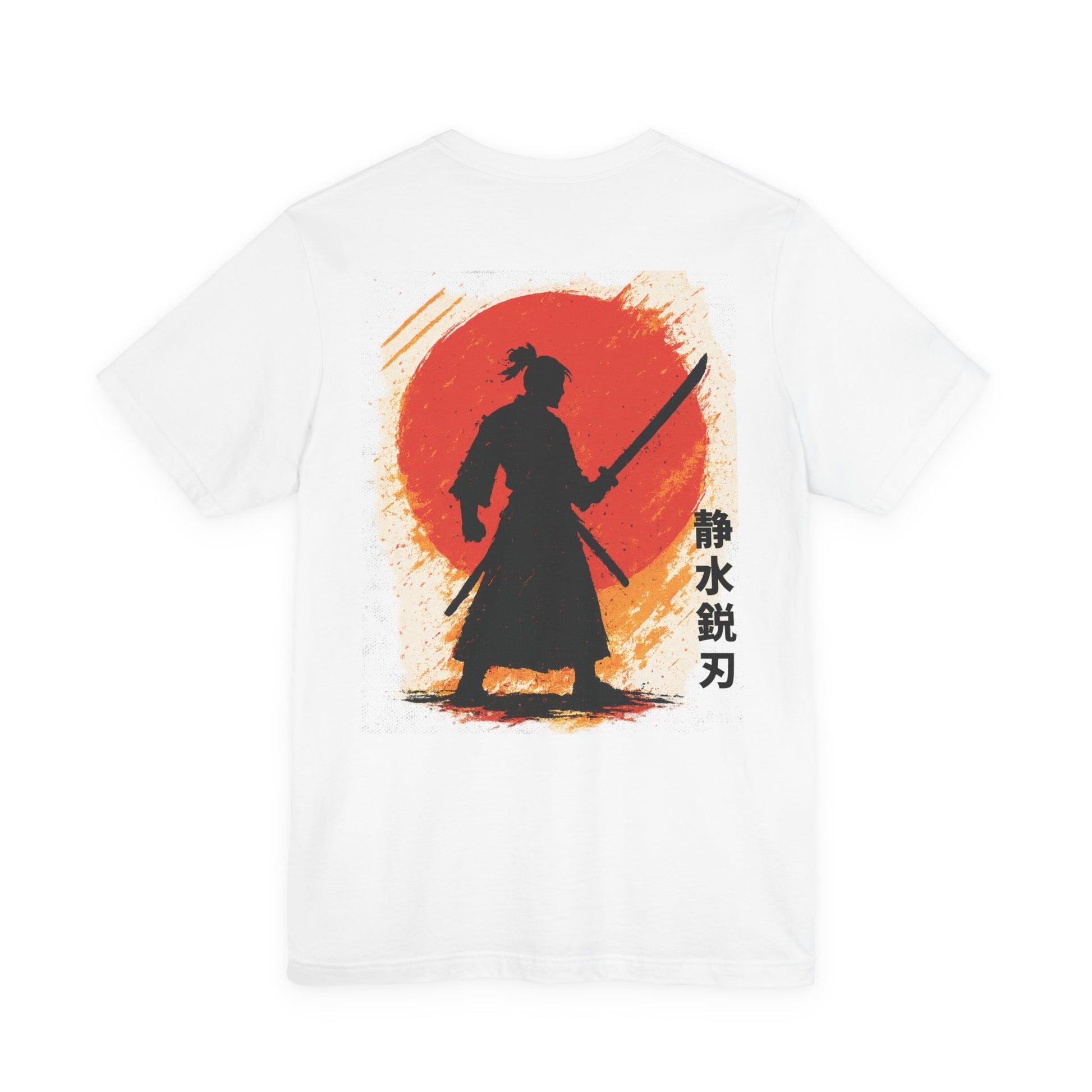 White t-shirt with a black silhouette of a samurai holding a sword against a red sun for men by Fibrio
