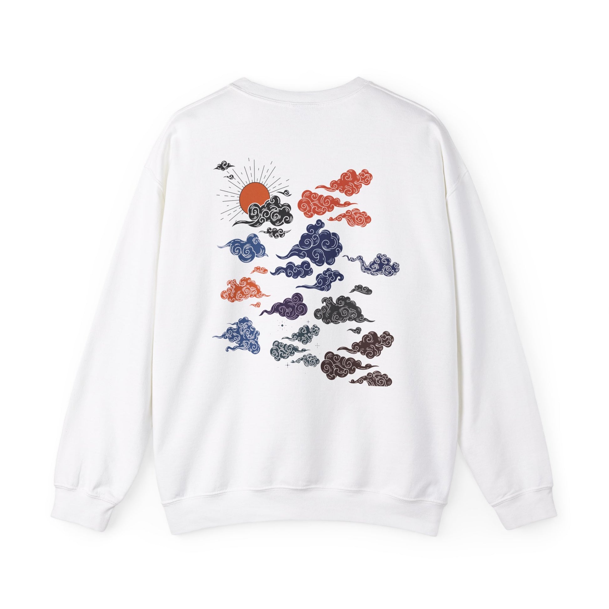 "FIBRIO Cloud Horizon Sweatshirt back in white – unisex graphic sweatshirt featuring celestial cloudscape artwork, soft cotton polyester, and relaxed fit."