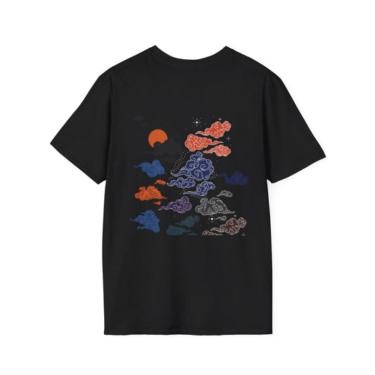 "FIBRIO Cloudscape T-shirt for women back in black – trendy unisex fit tee featuring bold artistic cloudscape graphic print, durable cotton polyester fabric."