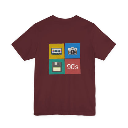 Maroon t-shirt with '90s' graphic on a white background