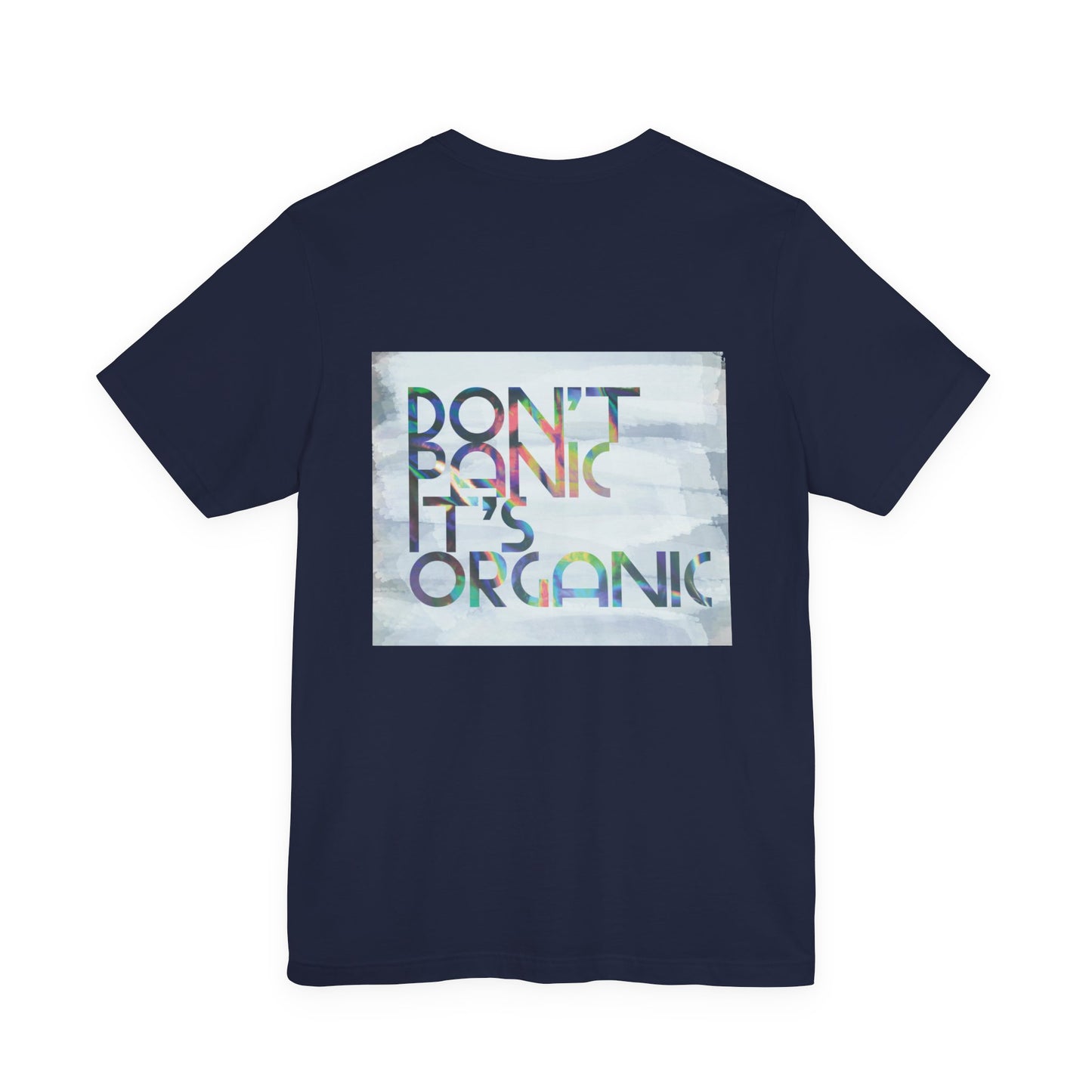 Navy blue t-shirt with a colorful graphic on the back