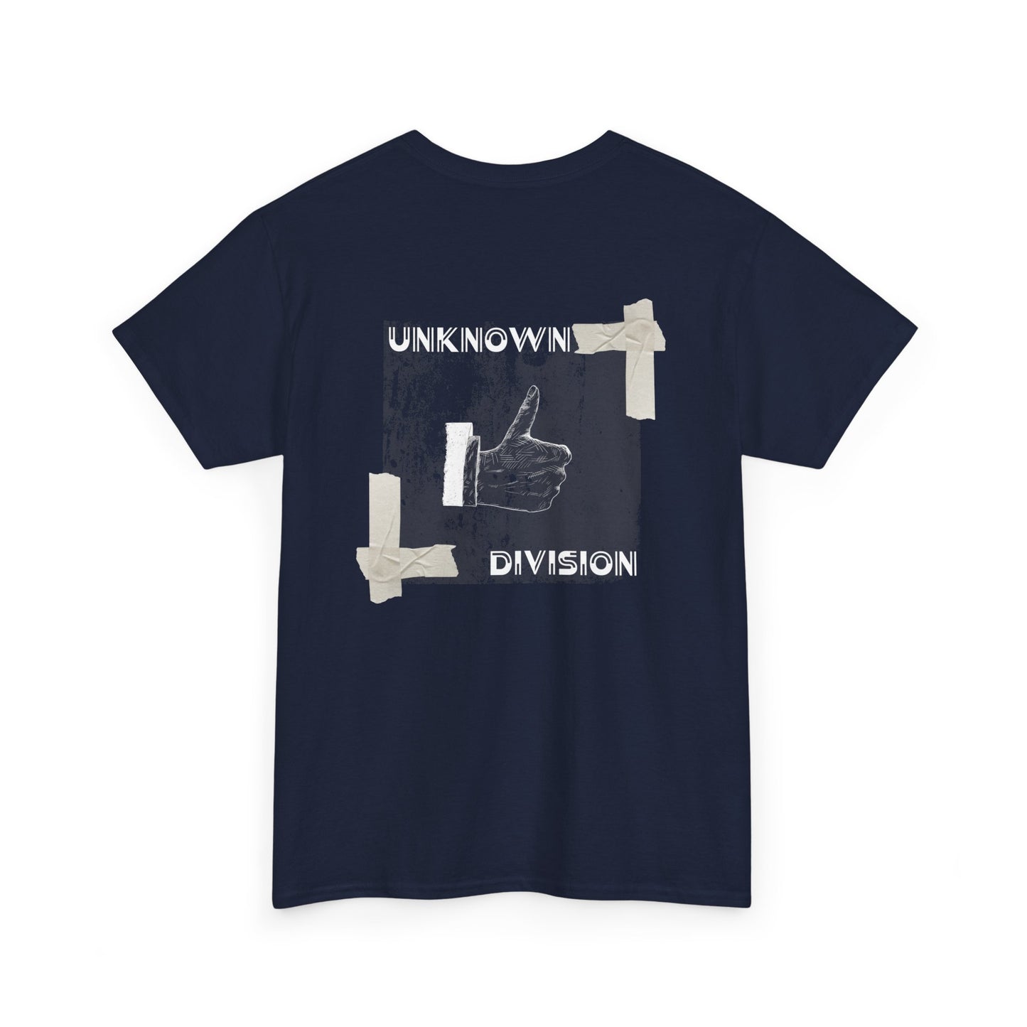 Navy blue t-shirt with graphic design and text on a white background
